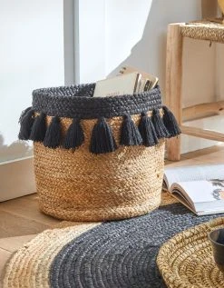 Blancheporte Panier Rond Jute Pompons Noirs