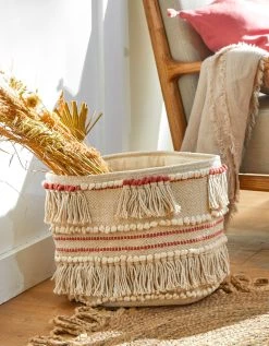 Blancheporte Panier Tissé Coton Blanc Cassé / Corail