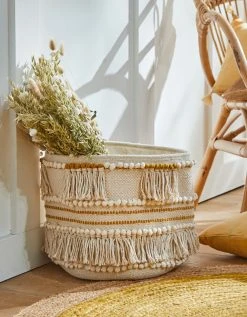 Blancheporte Panier Tissé Coton Blanc Cassé / Moutarde