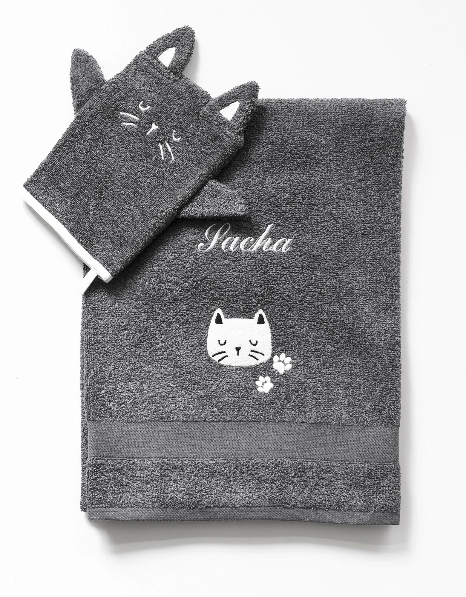 Colombine Des Petits Collection éponge Enfant Brodée Chat Personnalisable Coton