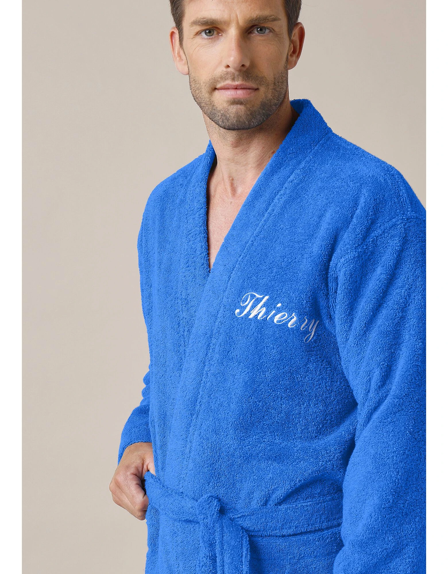 Colombine Peignoir Mixte Adulte Uni Coton éponge Bouclette Col Kimono Personnalisé – Image 2